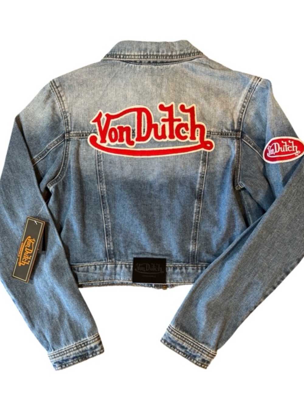 Von Dutch NWT 90s Y2K Blue Grunge Cropped Denim Jacket with back Red Logo Patch